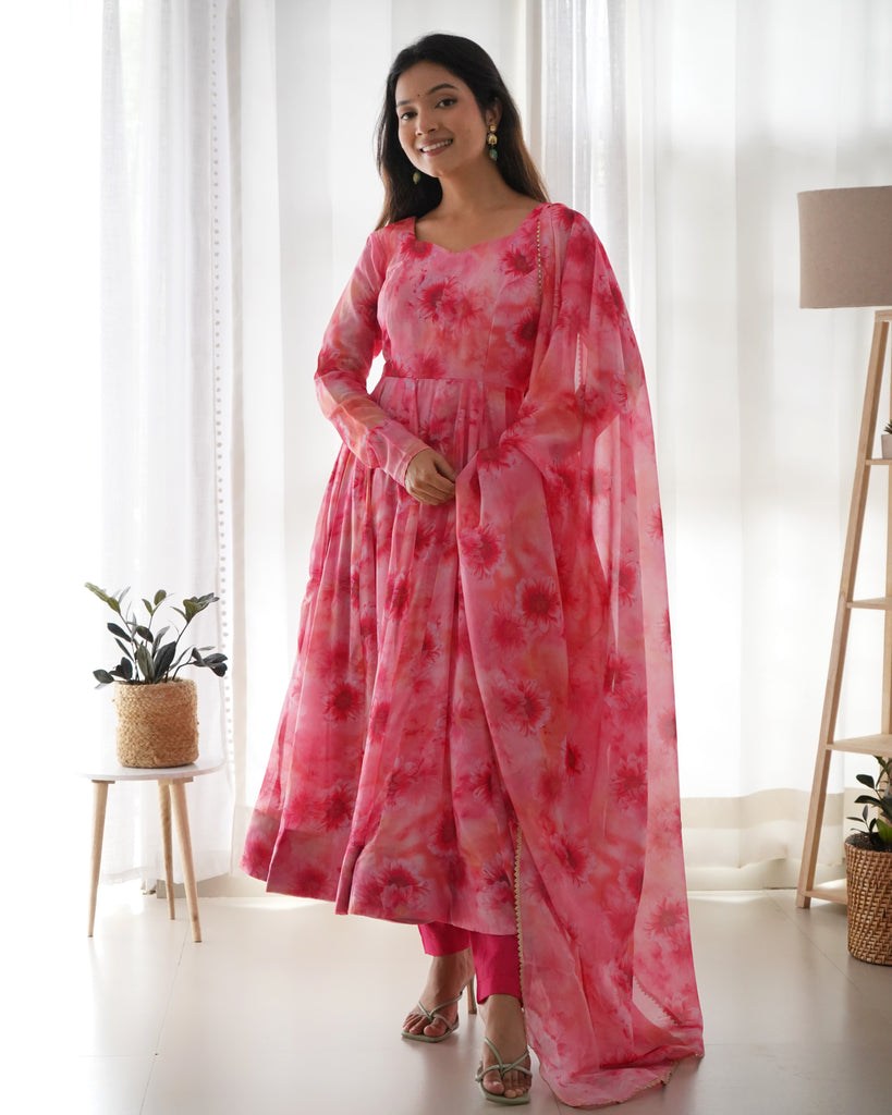 Pink Organza Silk Floral Printed Gown With Dupatta Set