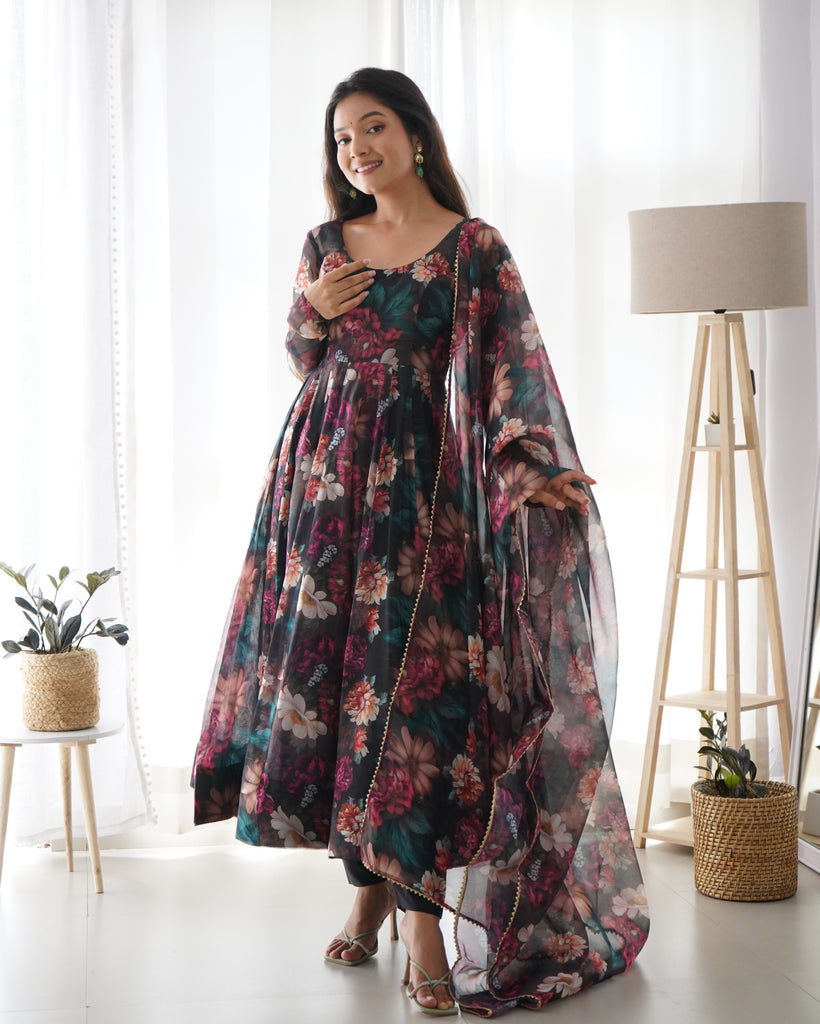 Black Organza Silk Floral Printed Gown With Dupatta Set