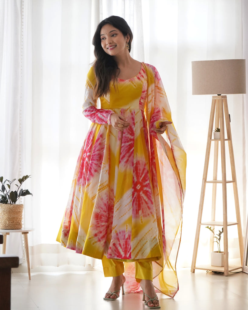 Yellow Organza Silk Floral Printed Gown With Dupatta Set