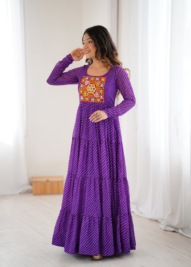 Purple Faux Georgette Laheriya Printed Gown