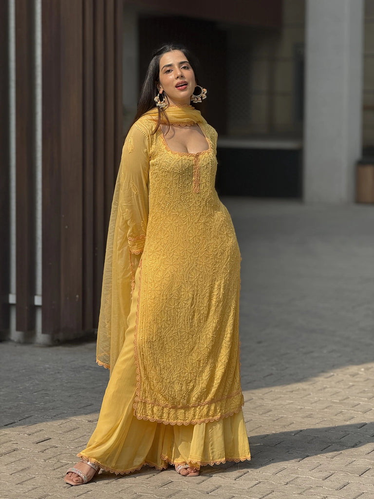 Viscose Georgette Chikankari Kurta with Palazzo & Dupatta