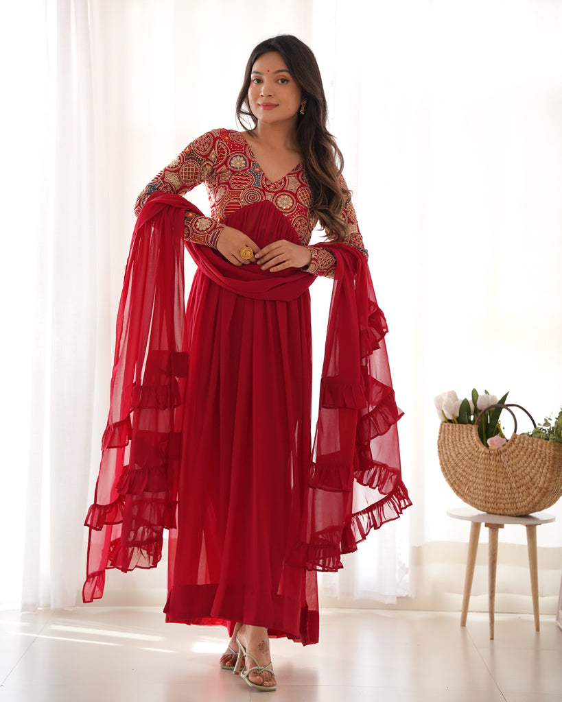 Red Faux Georgette Sequence Embroidery Work Gown With Dupatta