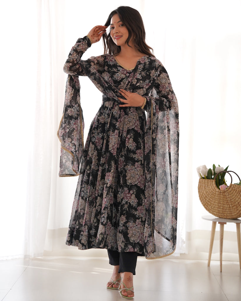 Black Faux Georgette Floral Printed Gown With Dupatta