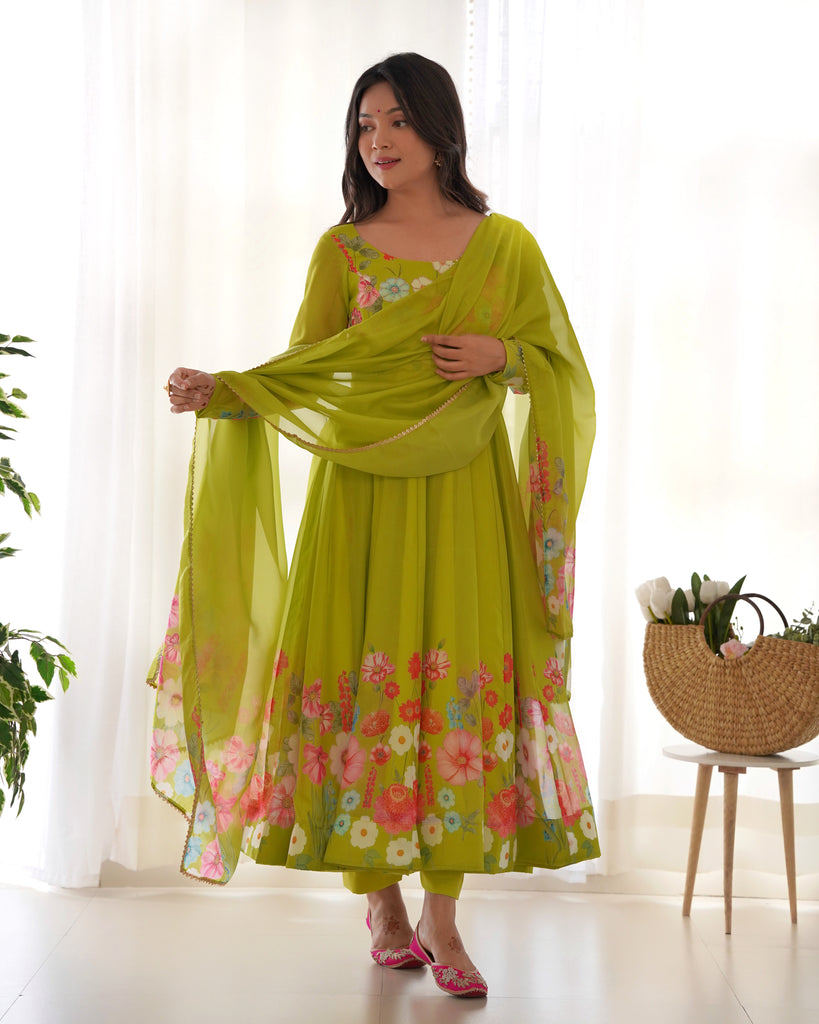 Green Organza Silk Floral Printed Gown With Dupatta Set