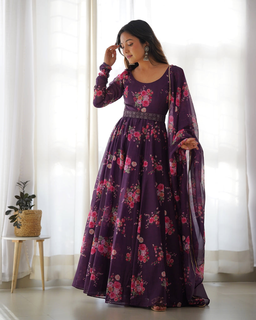 Wine Organza Silk Floral Printed Gown With Dupatta Set