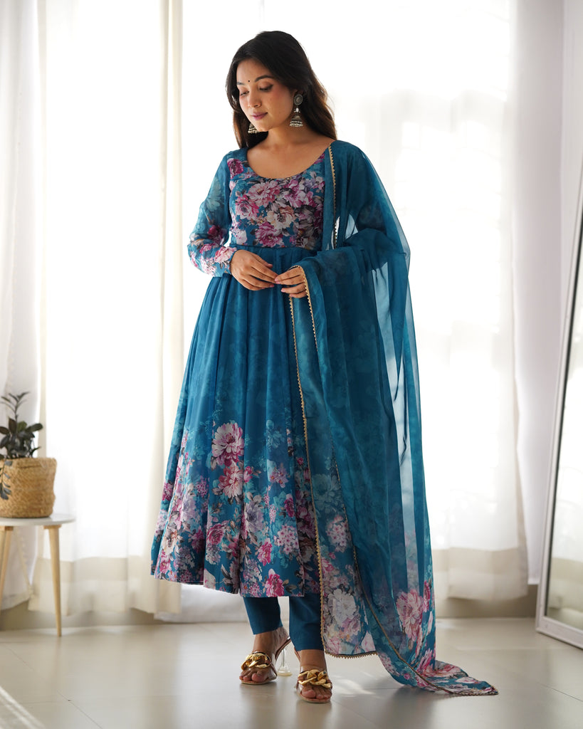 Blue Organza Silk Floral Printed Top Bottom With Dupatta