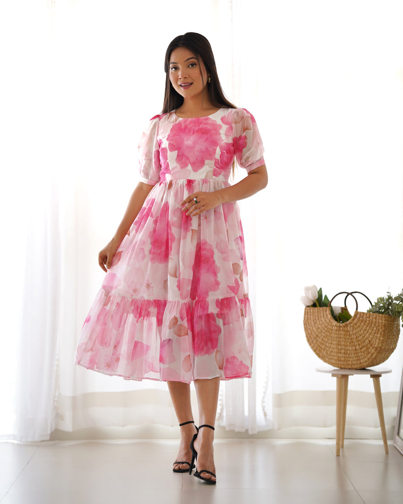 Pink Soft Organza Silk Floral Printed One Piece