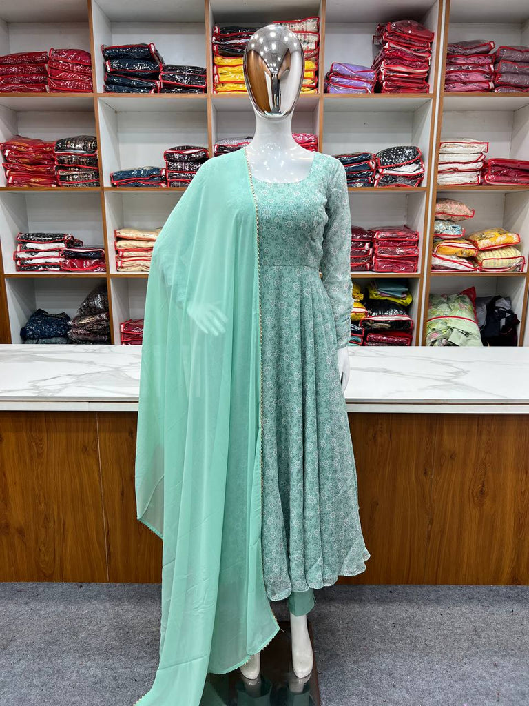 Pista Green Pure Chiffon Gown With Duppta