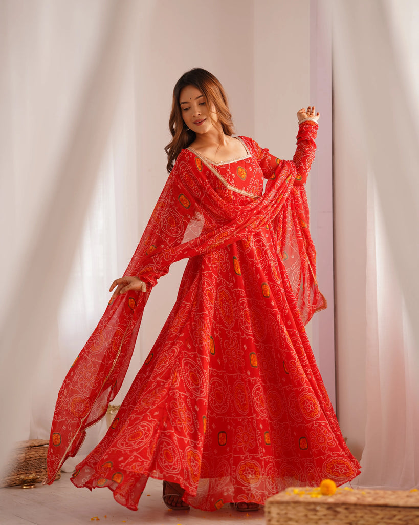 Red Lightweight Chiffon Bandhej Yoke Lace Work Gown