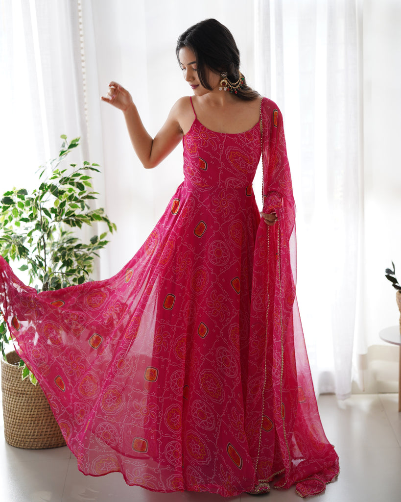 Rani Pink Chiffon Bandhani Printed Gown With Dupatta Set