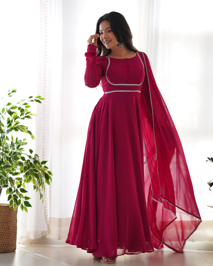 Rani Pink Faux Georgette Potli Button Gown With Dupatta