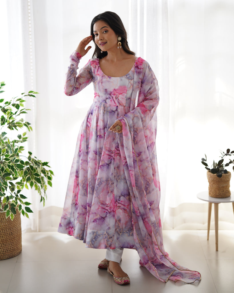 Multi Soft Tabby Organza Silk Digital Printed Gown With Dupatta