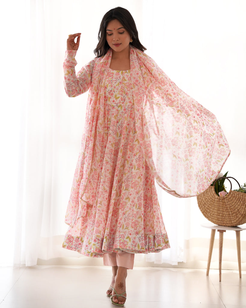 White Pure Roman Silk Chanderi Digital Printed Gown