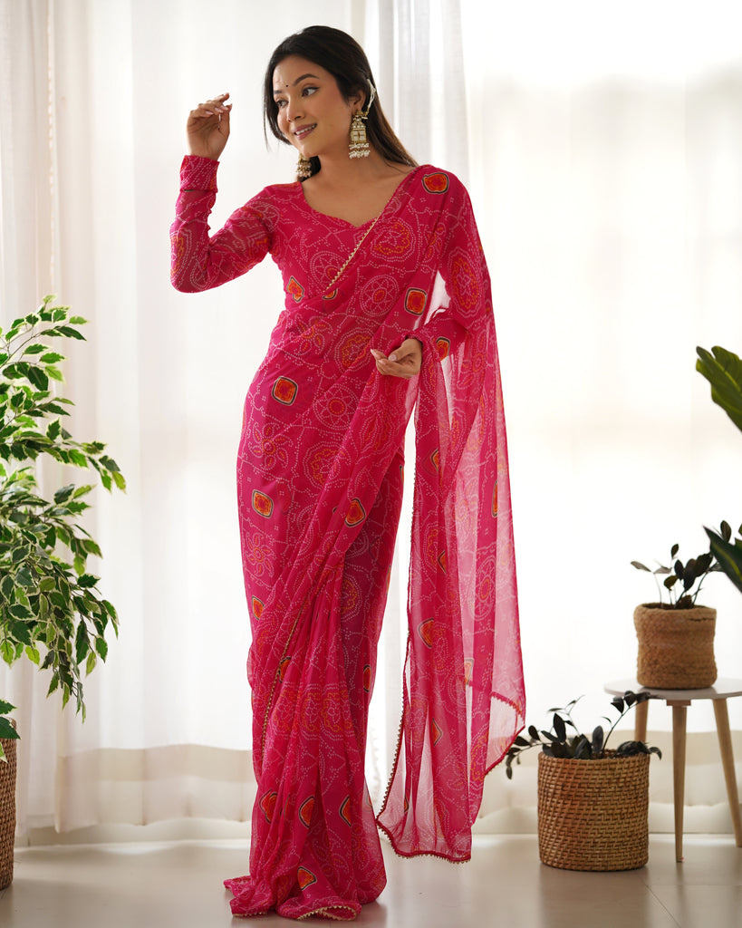 Pink Lightweight Chiffon Bandhani Printed Saree With Blouse