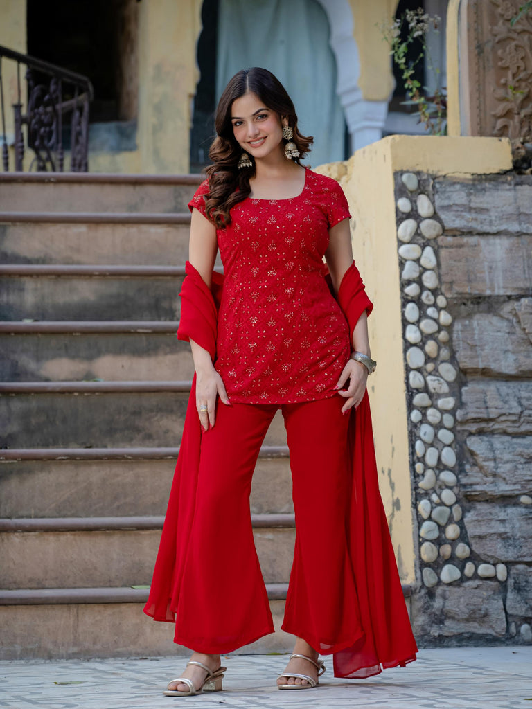 Bollywood 90’s Vibe Three-Piece Georgette Silk Kurta Set with Chikankari Thread & Sequin Work