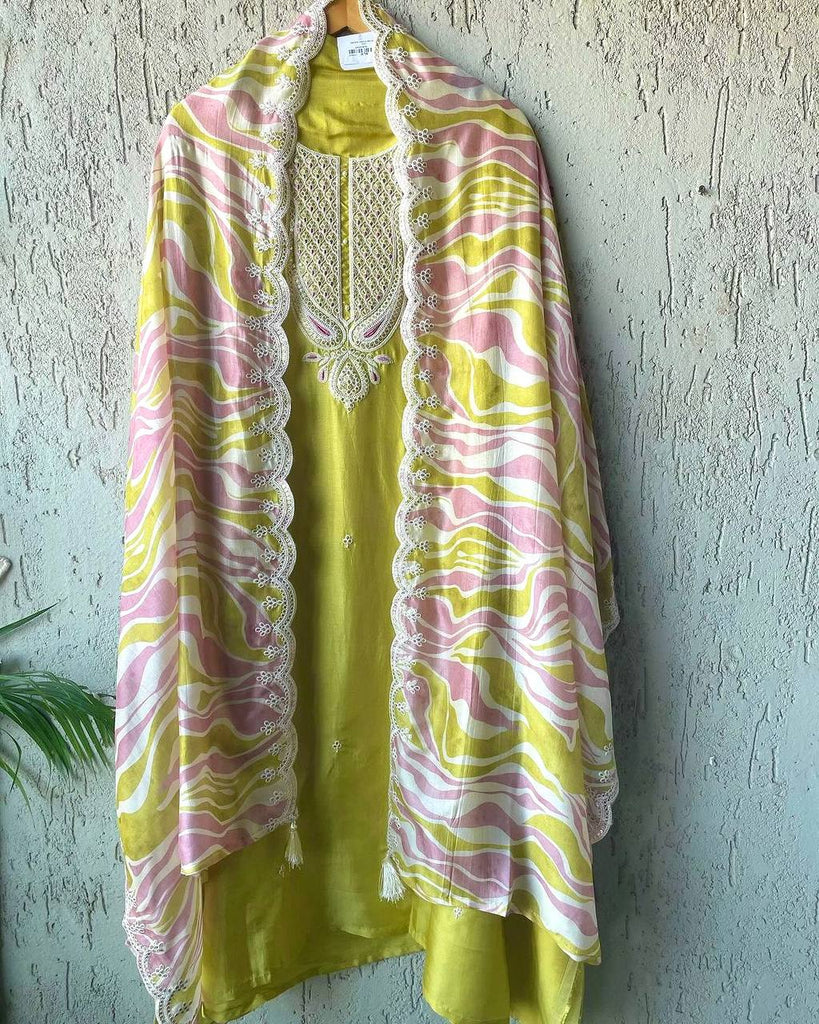 Lime Yellow Chinon Silk Sequence Embroidery Work Salwar Suit