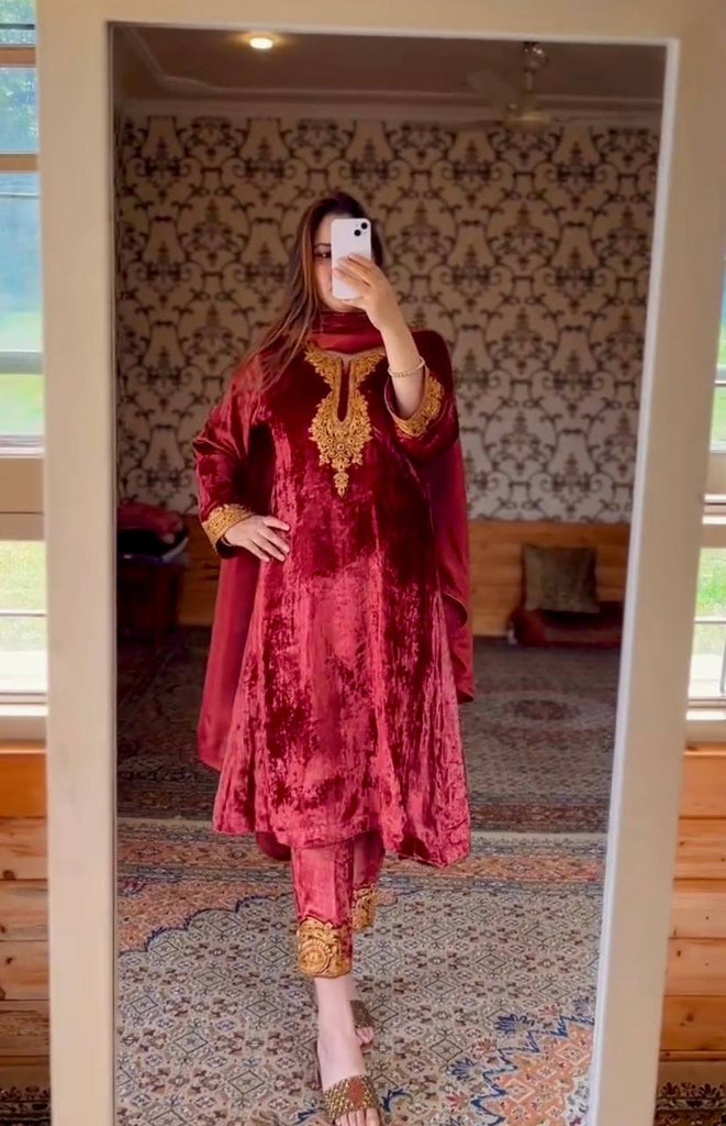 Maroon Viscose Velvet Sequence Embroidery Work Salwar Suit