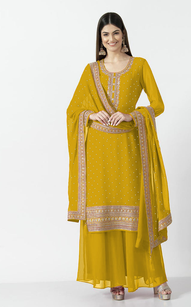 Mustard Yellow Faux Georgette Embroidered Top Bottom With Dupatta