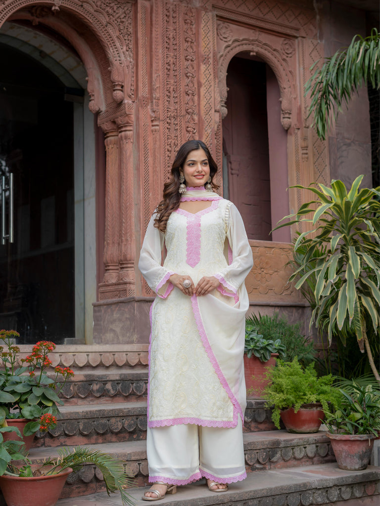 Women’s Georgette Chikankari Kurti Set with Palazzo &amp; Dupatta