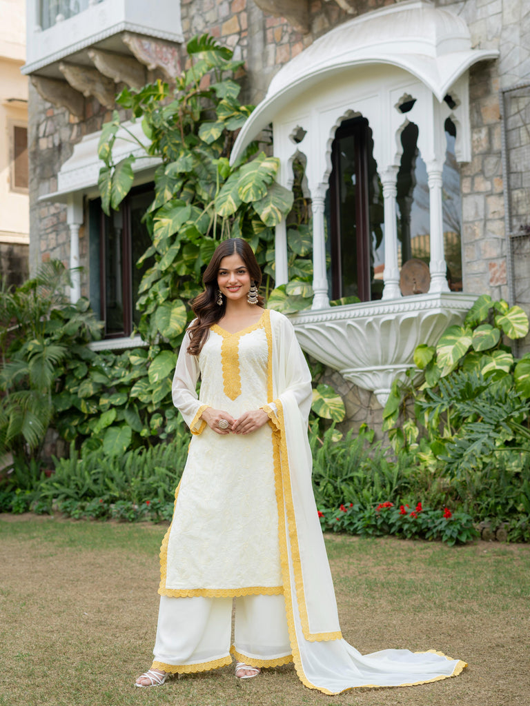 Women’s Georgette Chikankari Kurti Set with Palazzo &amp; Dupatta
