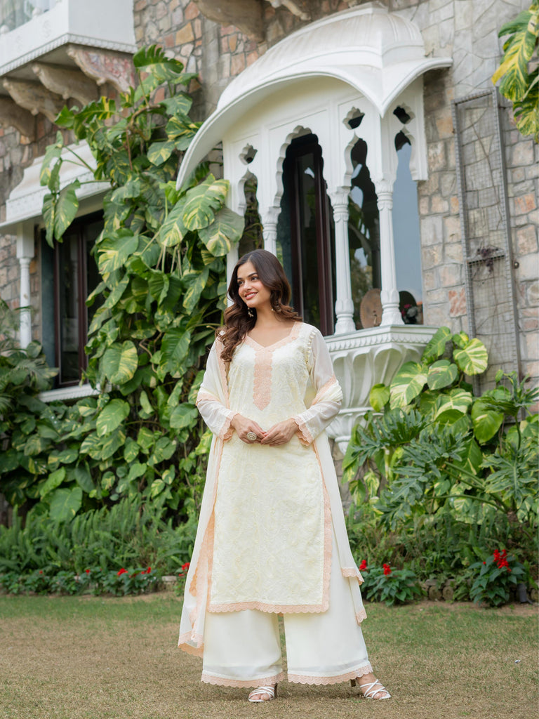 Women’s Georgette Chikankari Kurti Set with Palazzo &amp; Dupatta