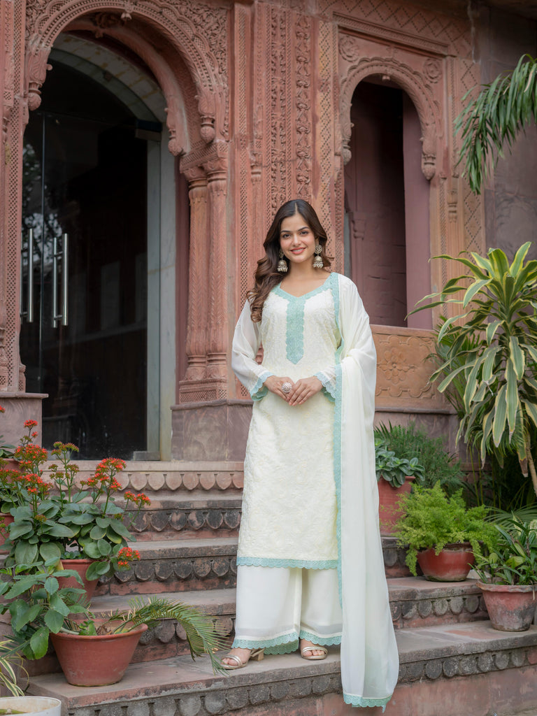 Women’s Georgette Chikankari Kurti Set with Palazzo &amp; Dupatta
