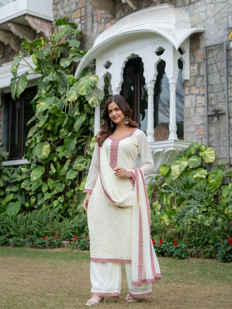 Women’s Georgette Chikankari Kurti Set with Palazzo &amp; Dupatta