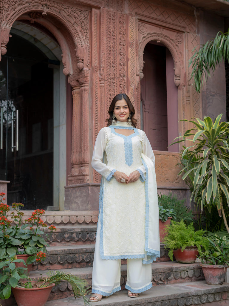 Women’s Georgette Chikankari Kurti Set with Palazzo &amp; Dupatta