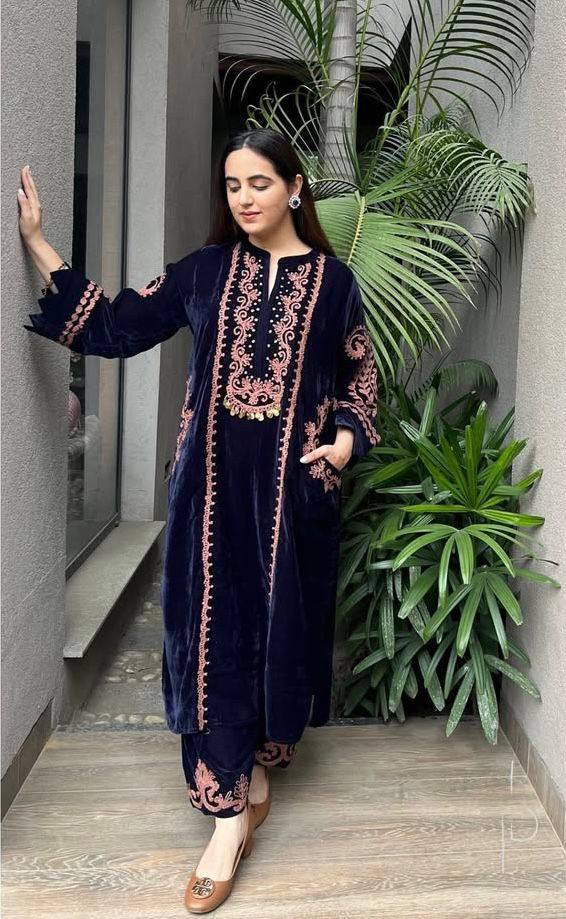 Navy Blue Viscose Velvet Embroidery Work Plazzo Suit