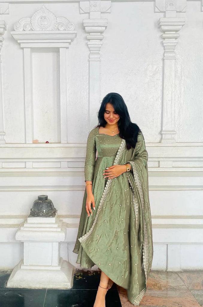 Olive Green Fancy Twil Gold Net Sequence Embroidery Work Gown With Dupatta