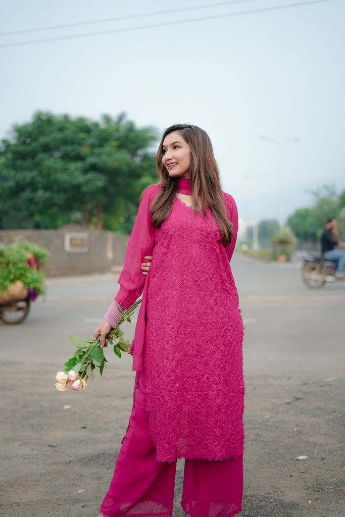Peach Viscose Georgette Chikankari Kurta With Palazzo And Dupatta
