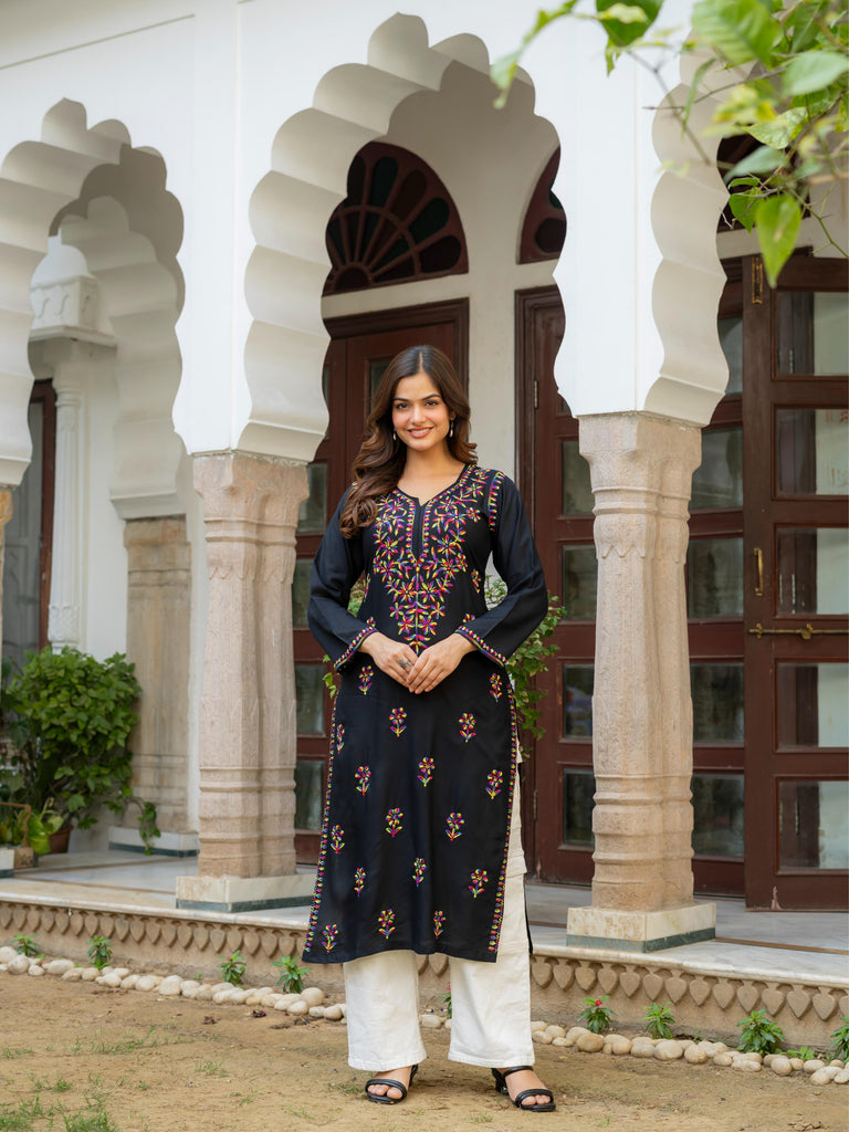 Women Black Multicolor Embroidered Straight Kurta | V-Neck with Slit | Ethnic Wear
