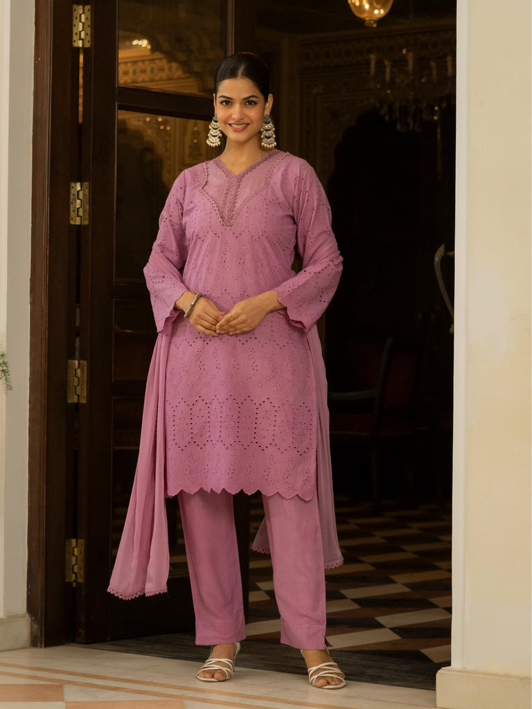 Women Dusty Pink Embroidered Kurta Pant Dupatta Set | Elegant Ethnic Co-ord Set