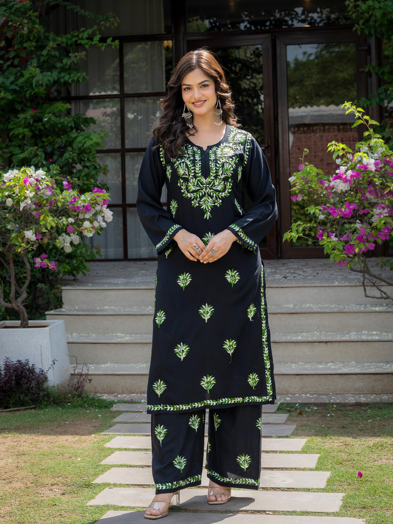 Women Black Embroidered Kurta Palazzo Set | Floral Ethnic Co-ord Set