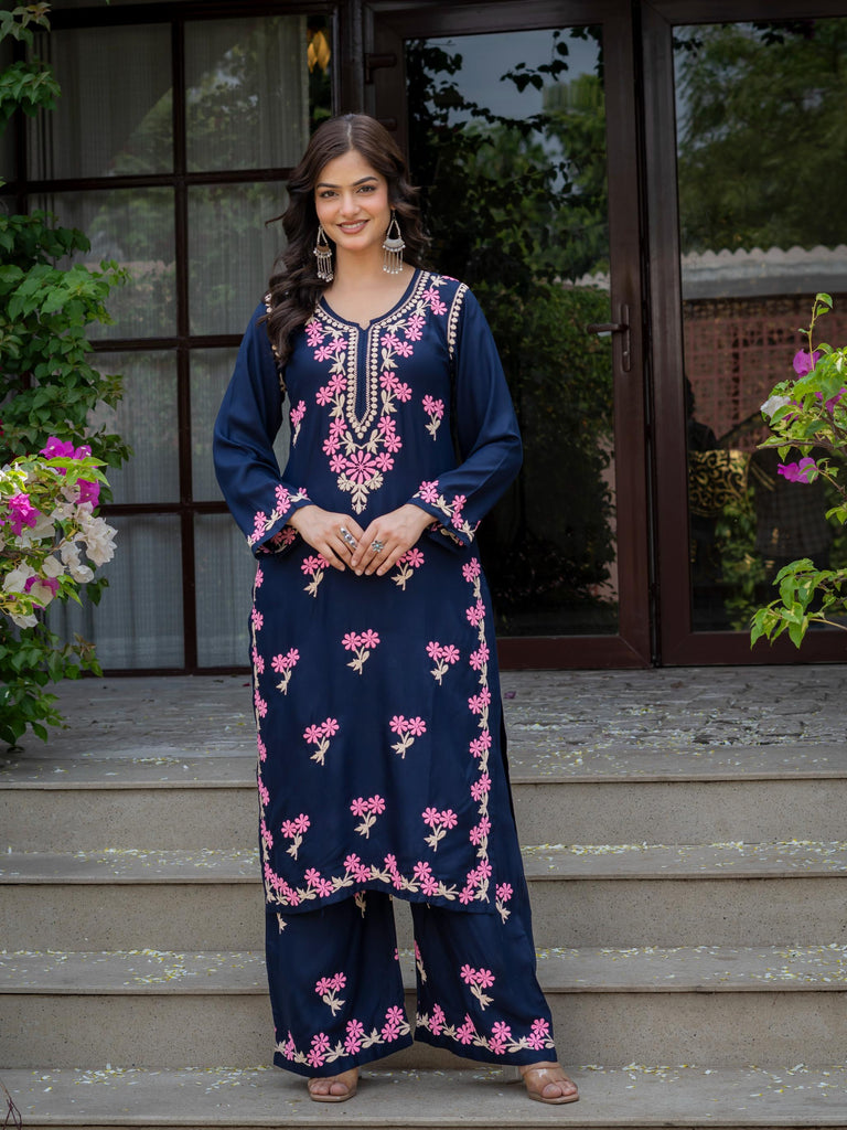 Women Navy Blue Embroidered Kurta Palazzo Set | Floral Ethnic Co-ord Set