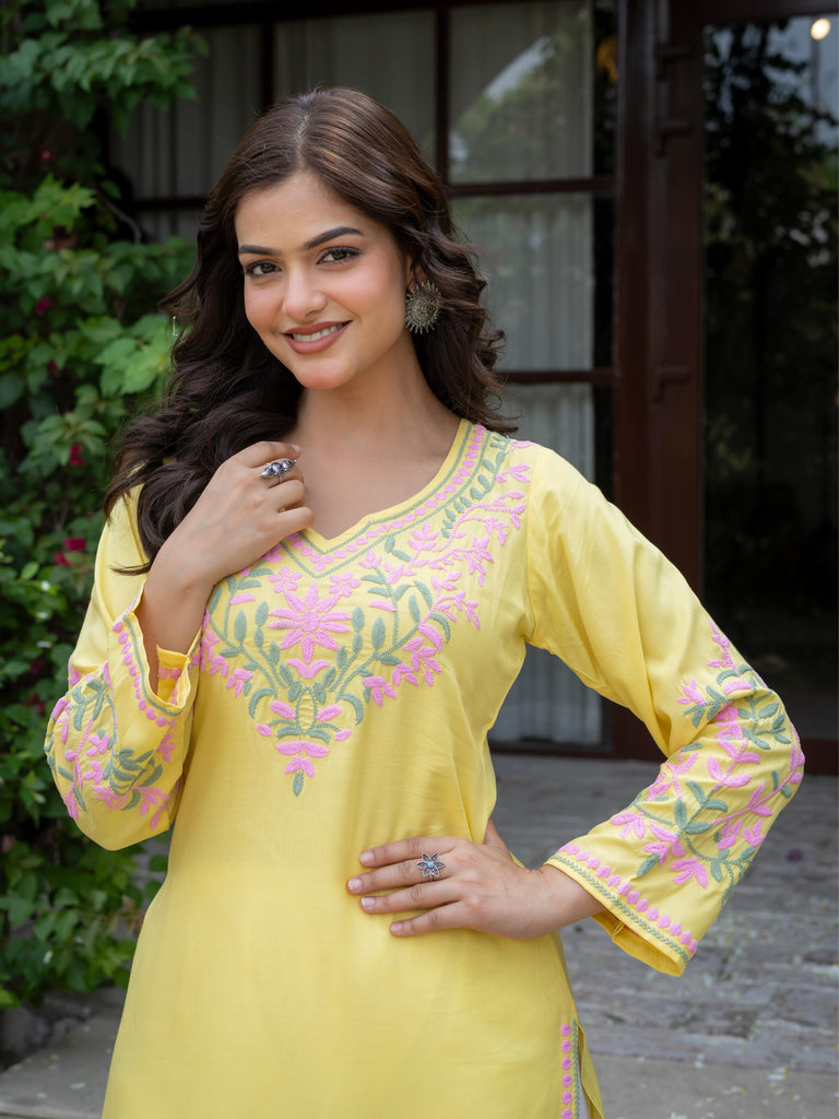 Women's Pastel Yellow Chikankari Embroidered Straight Kurta | Floral Thread Work | Ethnic Wear