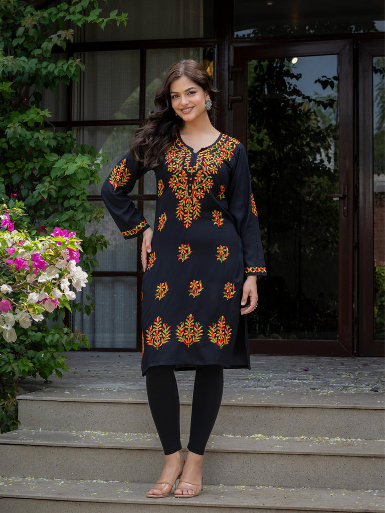 Women Black Multicolor Embroidered Straight Kurta | Round Neck | Floral Ethnic Wear