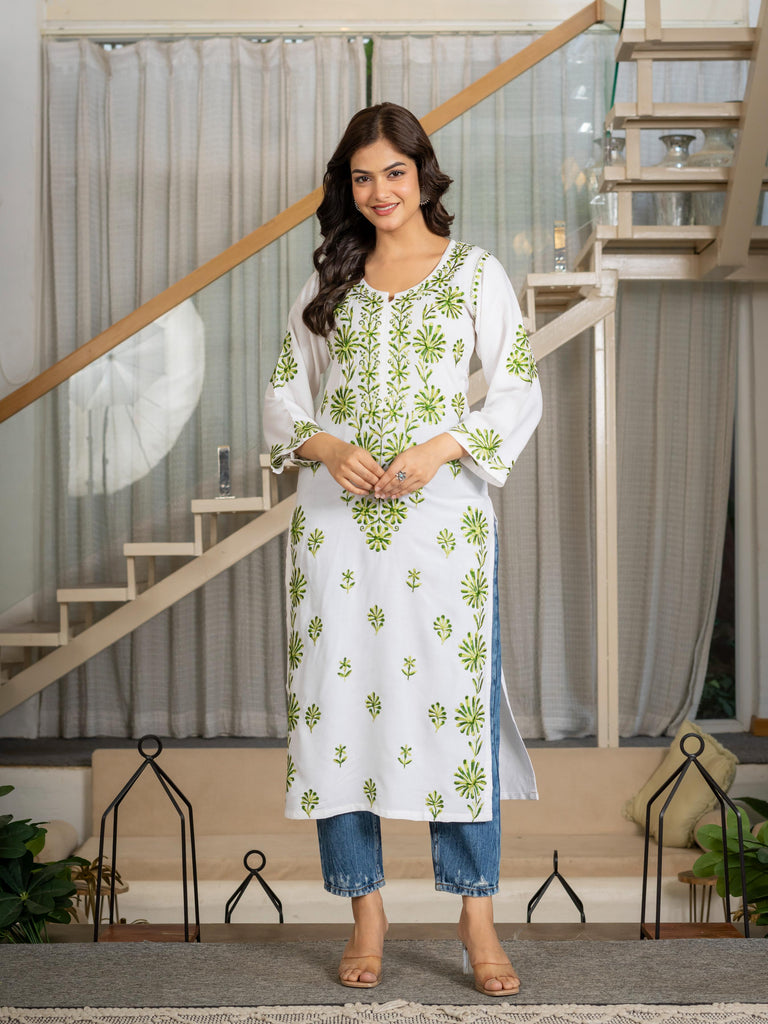 Women White &amp; Green Embroidered Straight Kurta | Round Neck with Slit | Ethnic Wear