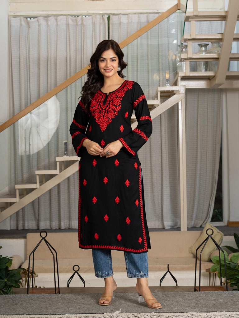 Women Black Red Embroidered Straight Kurta | Round Neck with Slit | Ethnic Wear