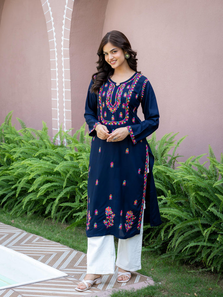 Women Navy Blue Multicolor Embroidered Straight Kurta | Round Neck with Slit | Ethnic Wear