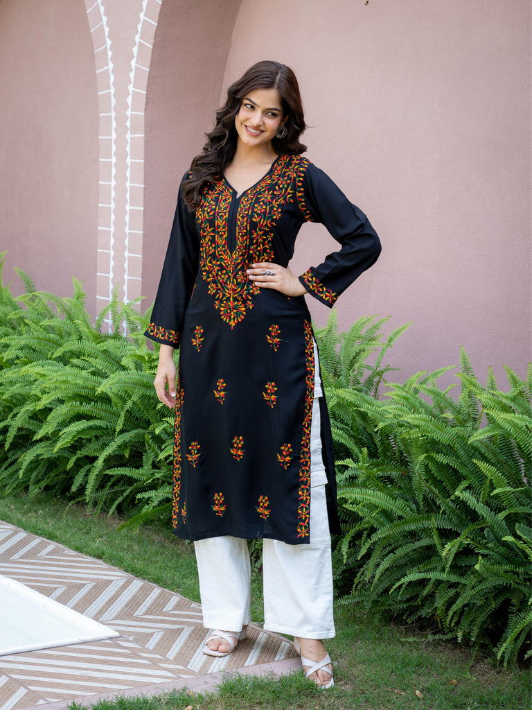 Women Black Embroidered Straight Kurta | Round Neck with Slit | Ethnic Wear