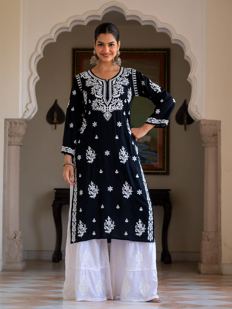 Women Black White Embroidered Kurta Sharara Set | Elegant Ethnic Co-ord Set