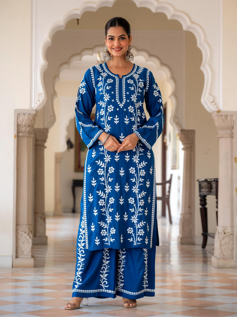 Women Blue White Embroidered Kurta Palazzo Set | Elegant Ethnic Co-ord Set