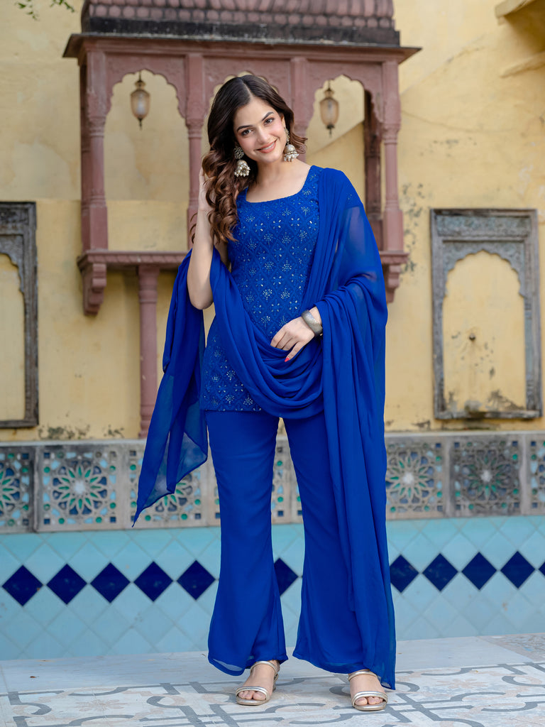 Completo Kurta Palazzo Donna In Cotone Stampato – 3 Pezzi (Kurta, Pantalone, Dupatta) - Foto 4