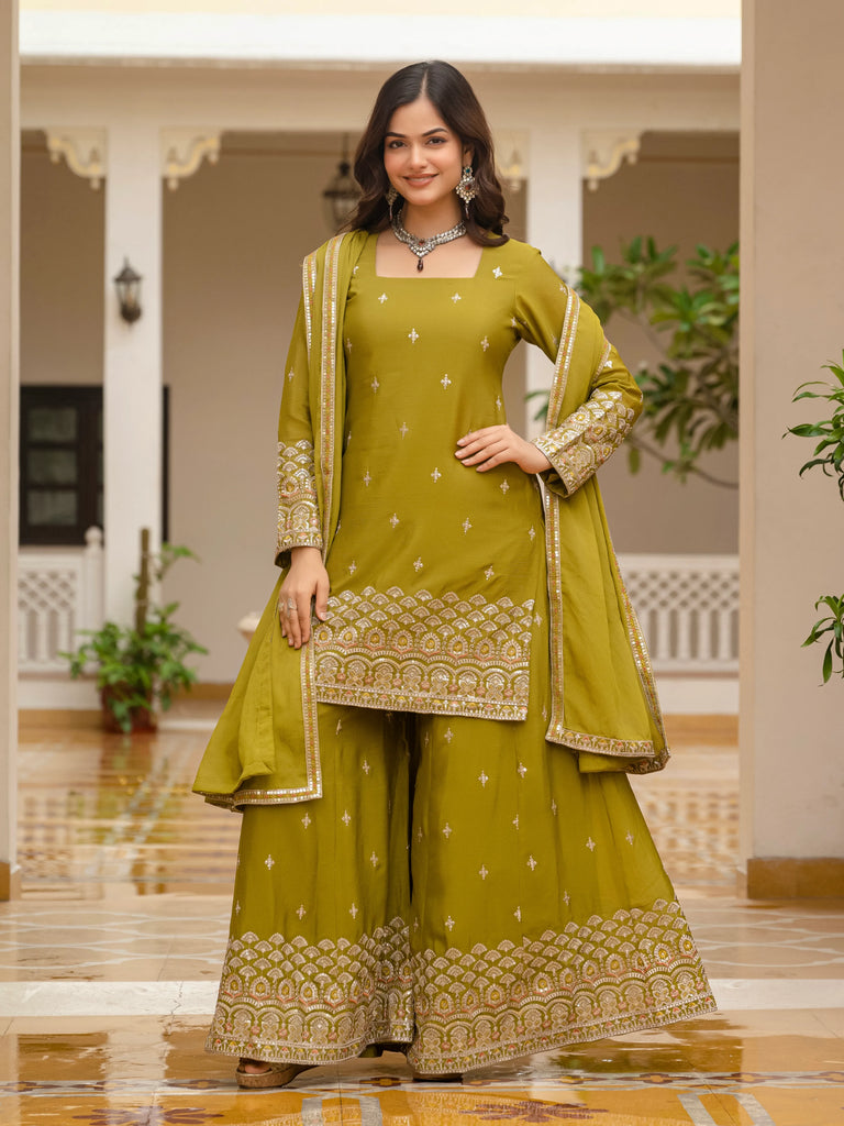 Lime Green Chinon Silk Thread Embroided Sharara Suit Set
