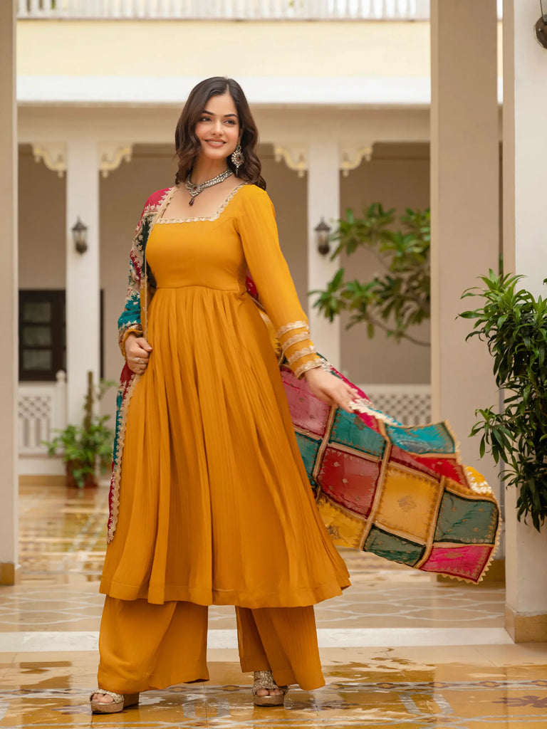 Mustard Yellow Viscose Georgette Suit with Multicolor Embroidered Dupatta