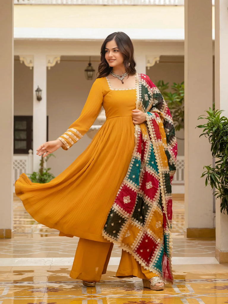 Mustard Yellow Viscose Georgette Suit with Multicolor Embroidered Dupatta