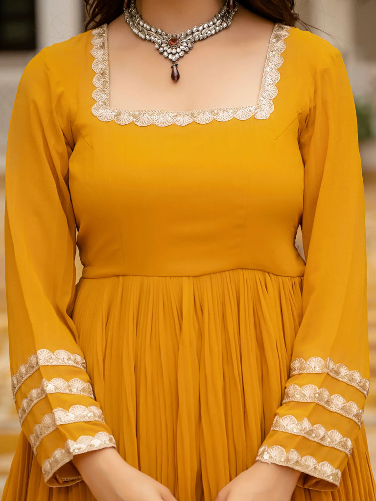 mustard yellow dress combination Mustard Yellow Viscose Georgette Suit with Multicolor Embroidered Dupa –  SurtiSilk