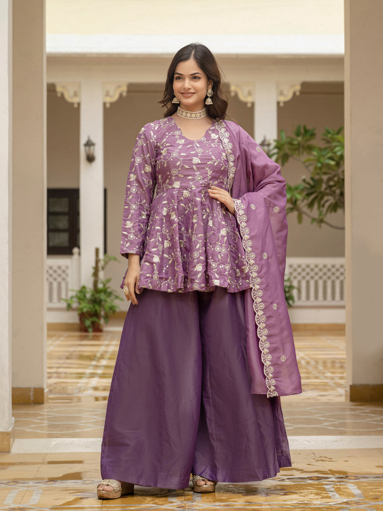 Purple Shimmer Silk Embroidered Sharara Suit with Dupatta