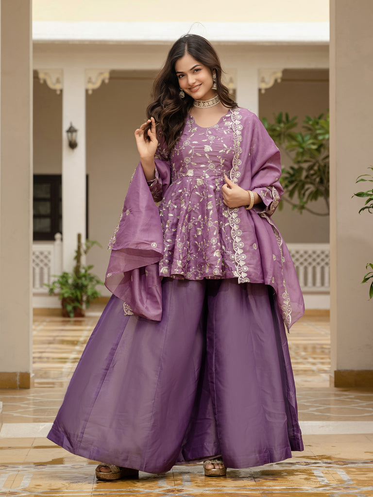 Purple Shimmer Silk Embroidered Sharara Suit with Dupatta – SurtiSilk
